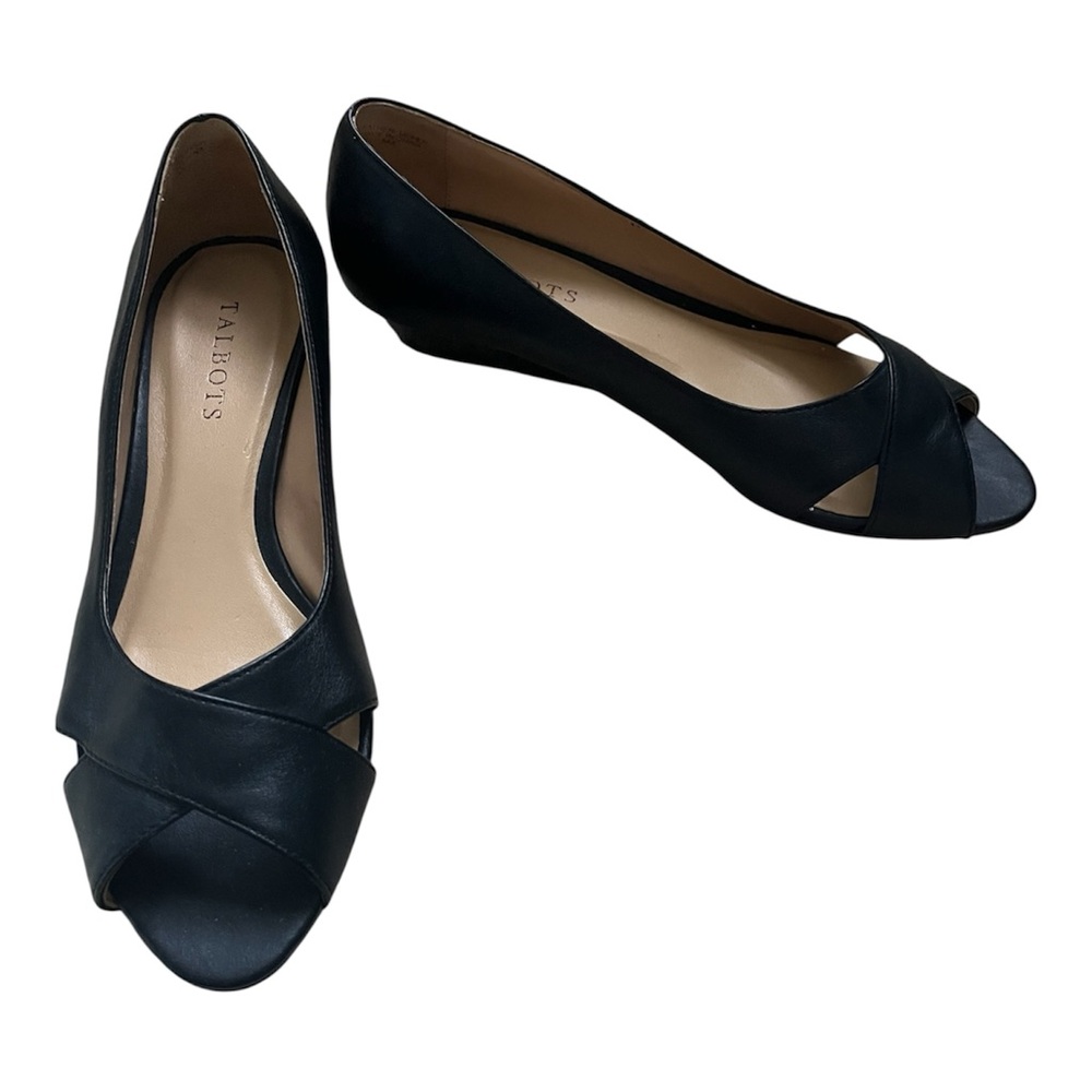 Talbots Black Leather Peep Toe Criss-Cross Wedge Heels Shoes Size 8N